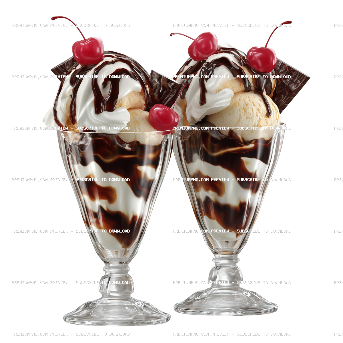 3D ice cream sundaes with chocolate syrup and cherry isolated on transparent background
