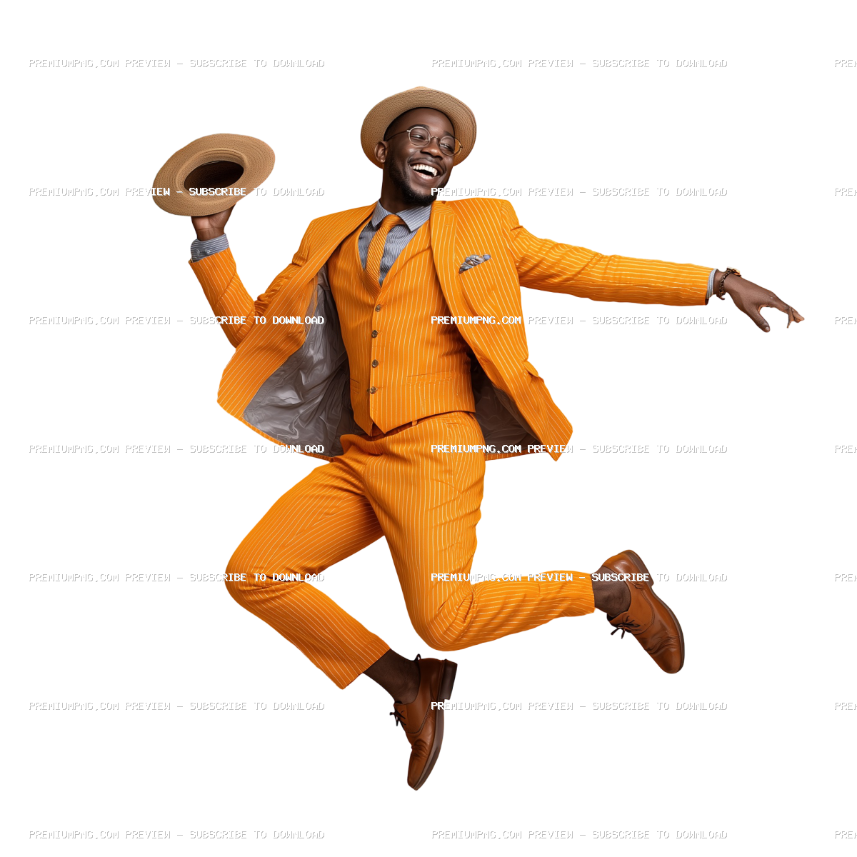 Happy man in suit takes off hat and jumps on transparent background