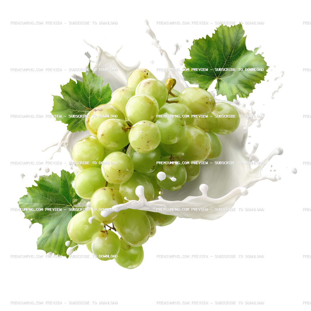 Green grapes with milk splash isolated on transparent PNG background