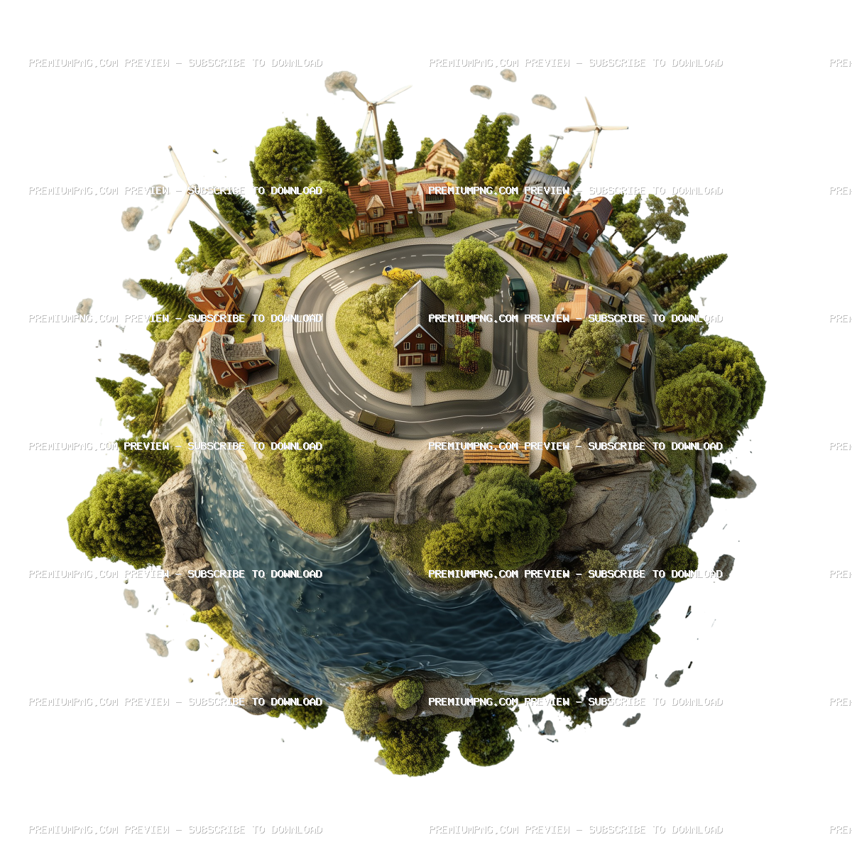 a miniature. stylized planet featuring a small town with winding roads. houses. trees