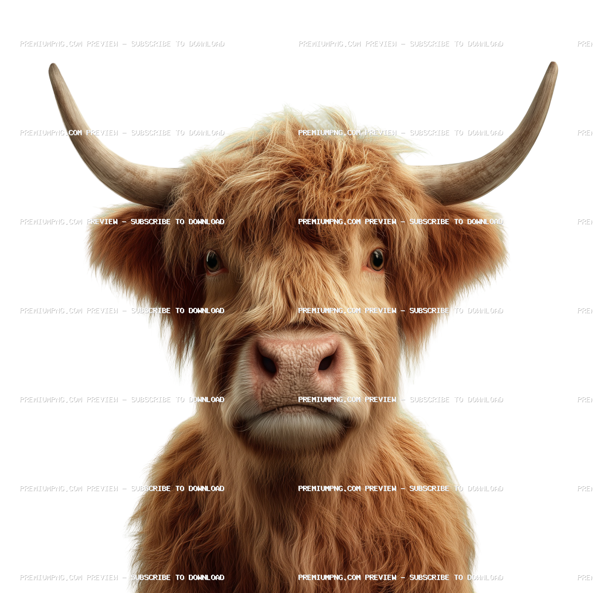 photo realistic image of a brown highland cow with no hors, with a smile on its face, isolated