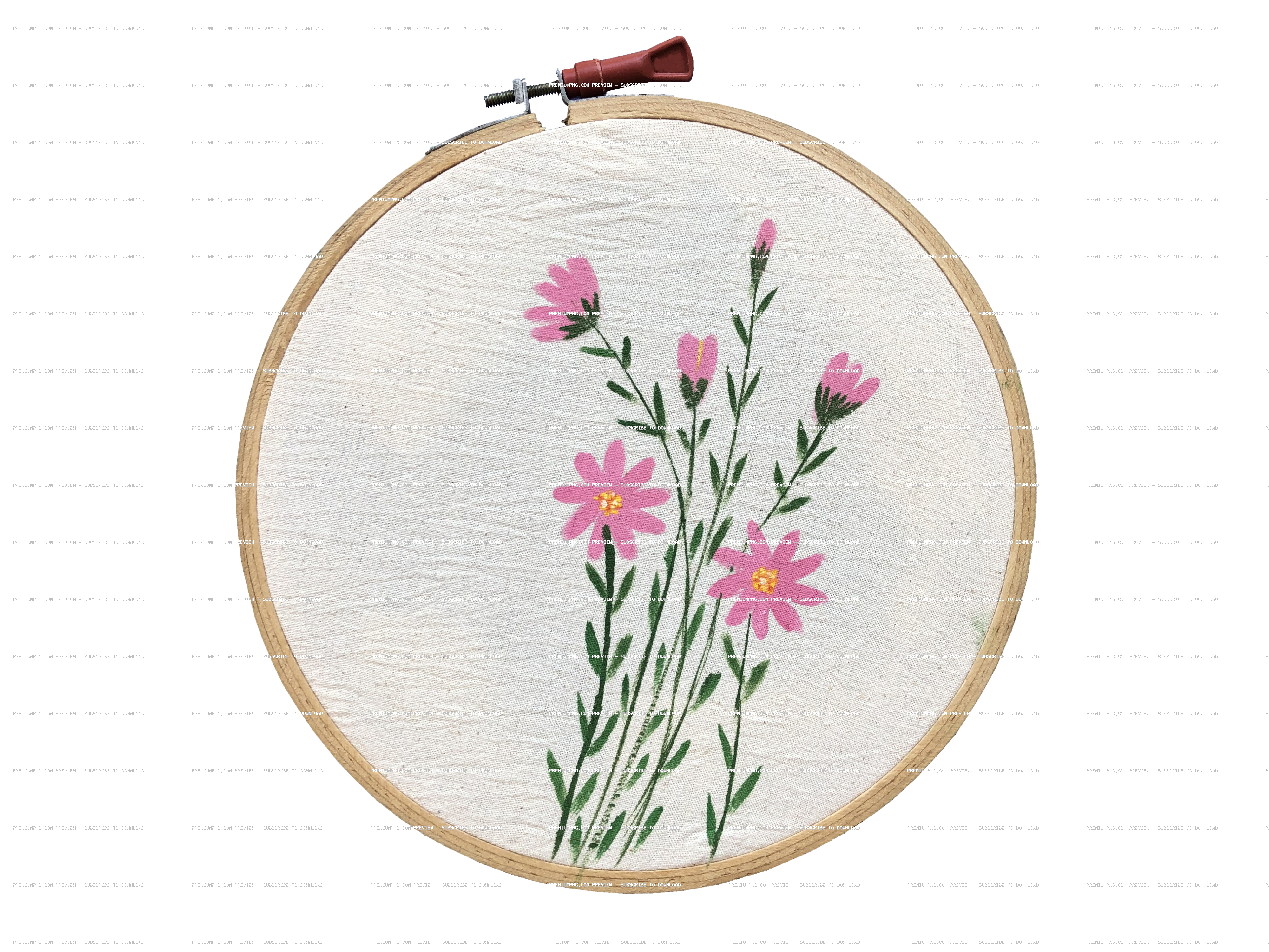 Hand-painted fabric art in a wooden hoop