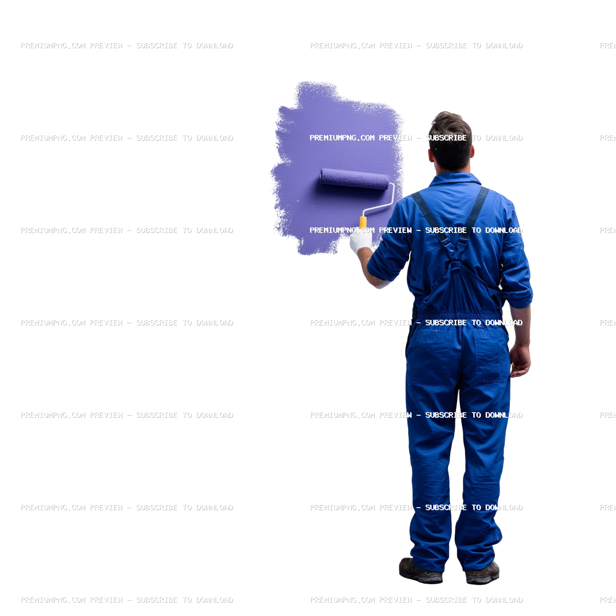 Man applying blue violet paint with roller brush