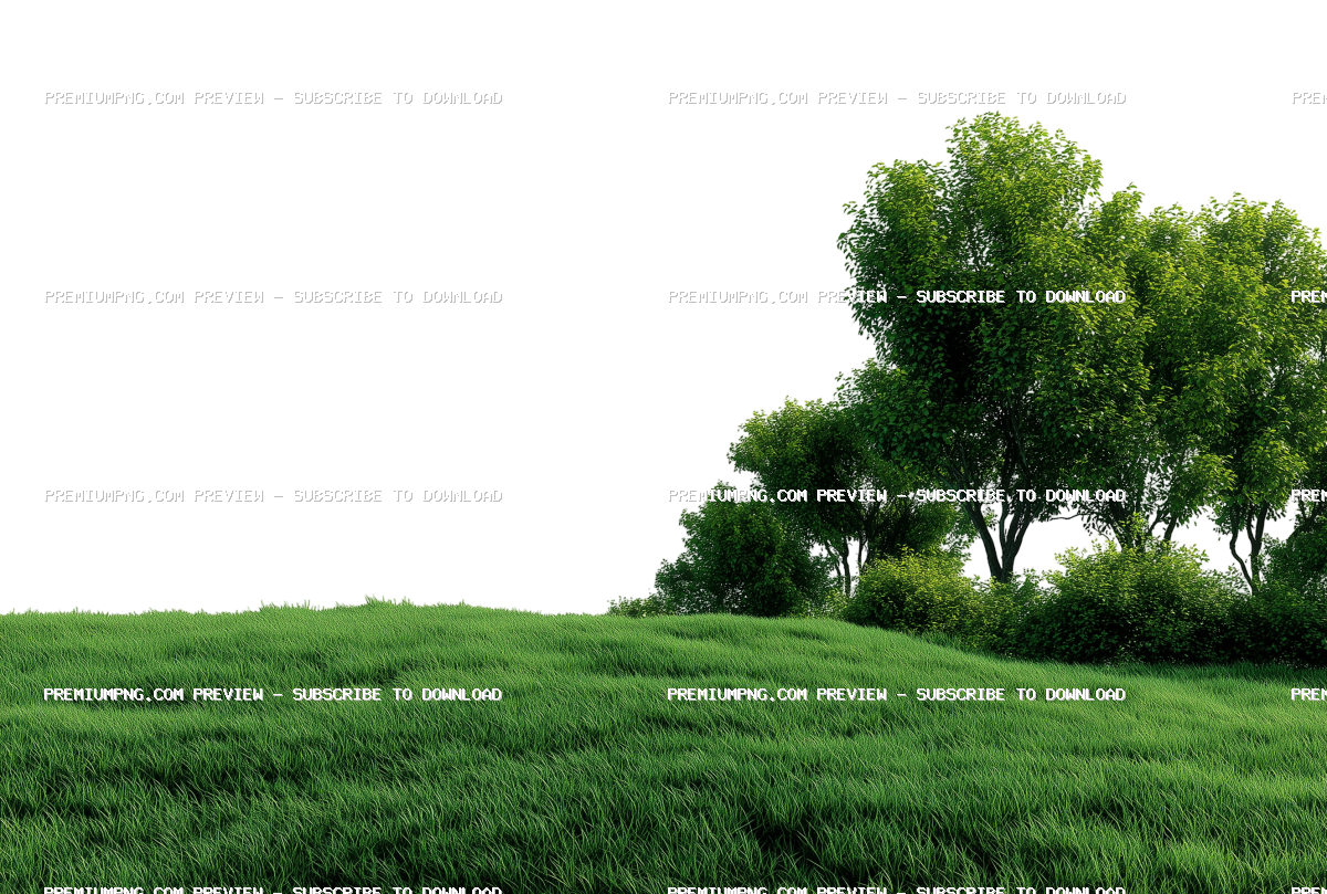 A green, grassy field with trees on the side, with a transparent background