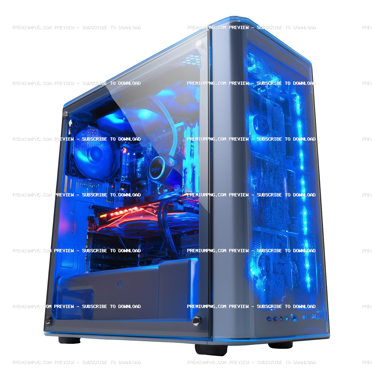 a modern gaming computer tower with a transparent side panel. illuminated by blue led lighting