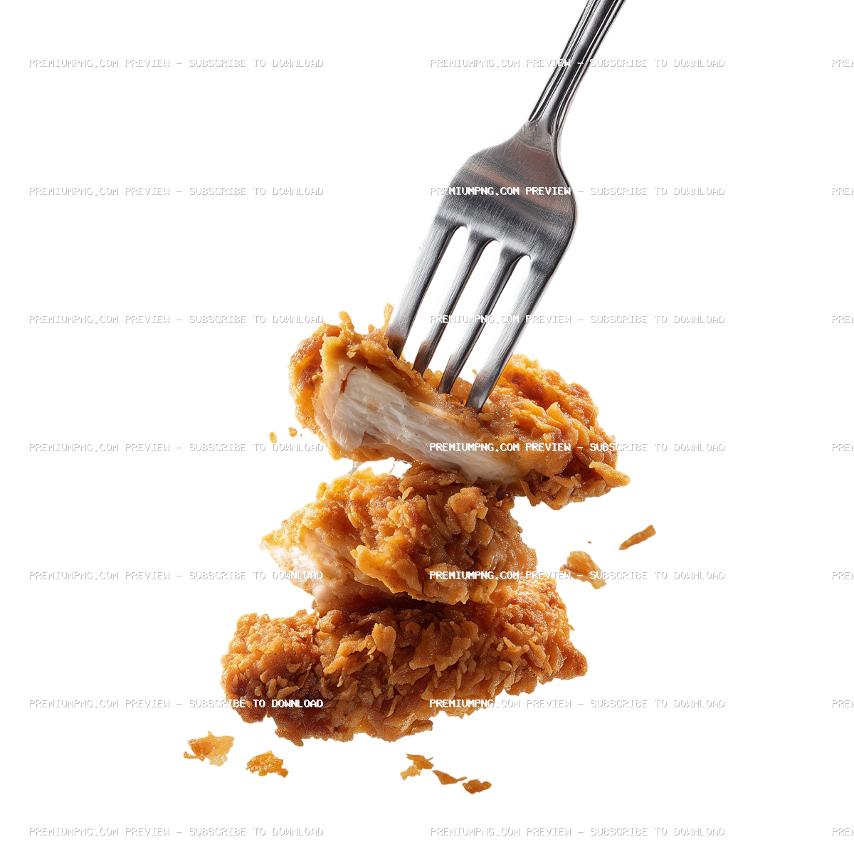 Fork skewering through three pieces of crispy chicken on transparent background