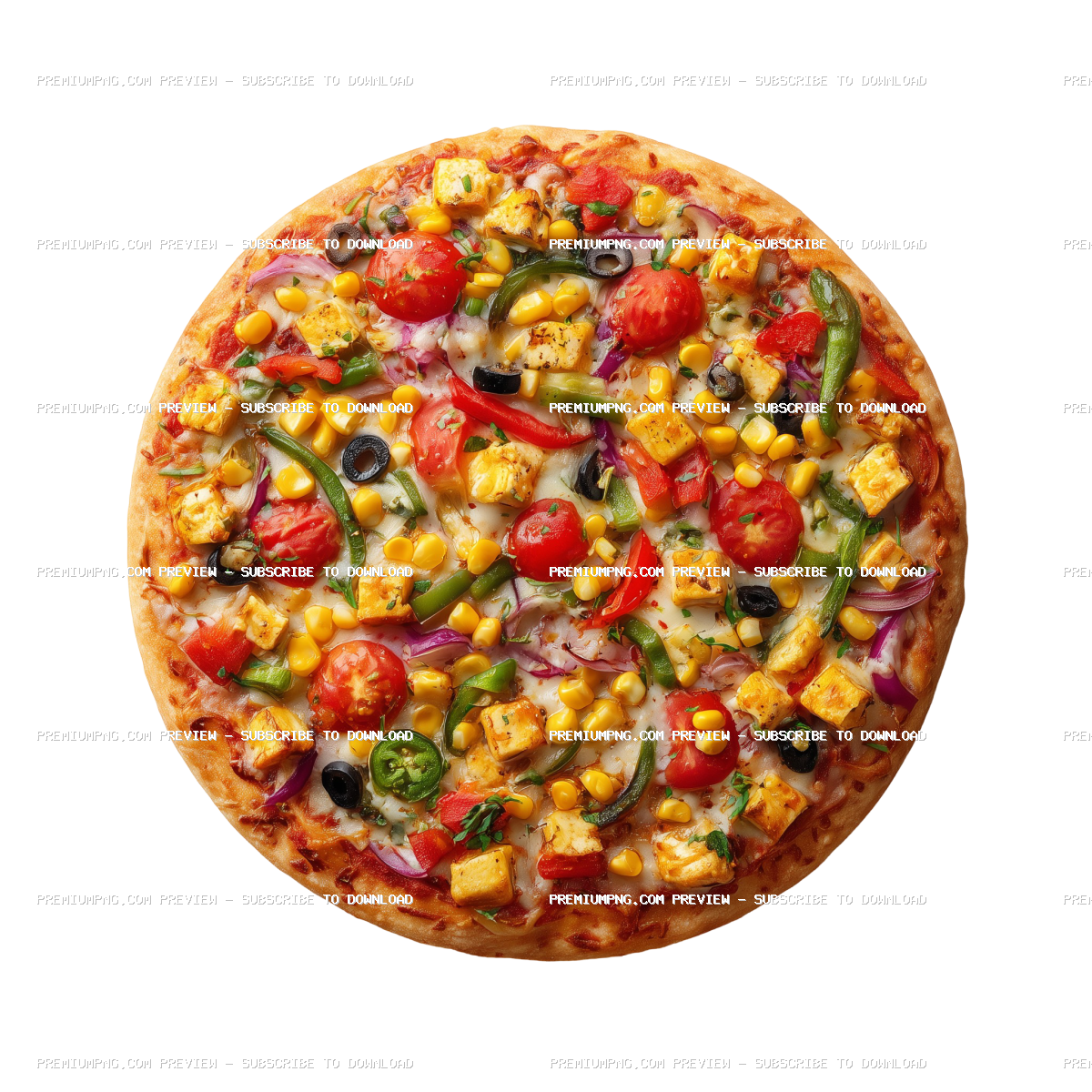 A perfectly round, whole pizza shot from the top view on a pure transparent background