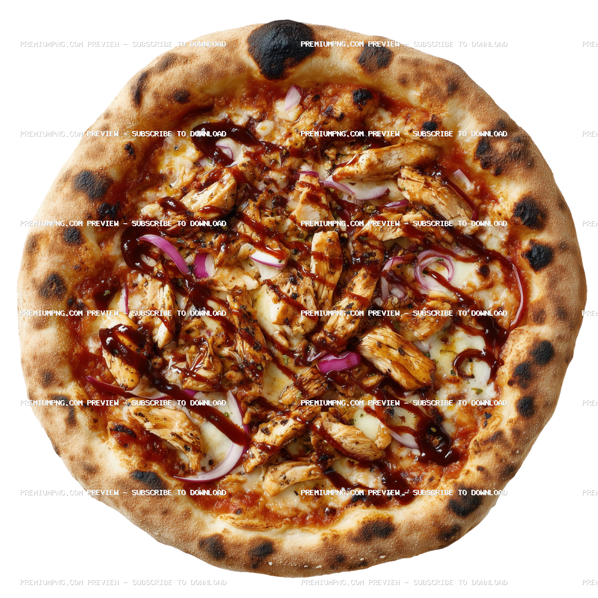 Full barbecue chicken Neapolitan pizza on a white background, no plate