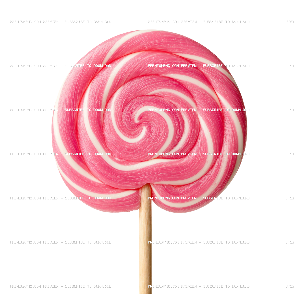 Sweet pink and white swirl lollipop on stick, isolated white background