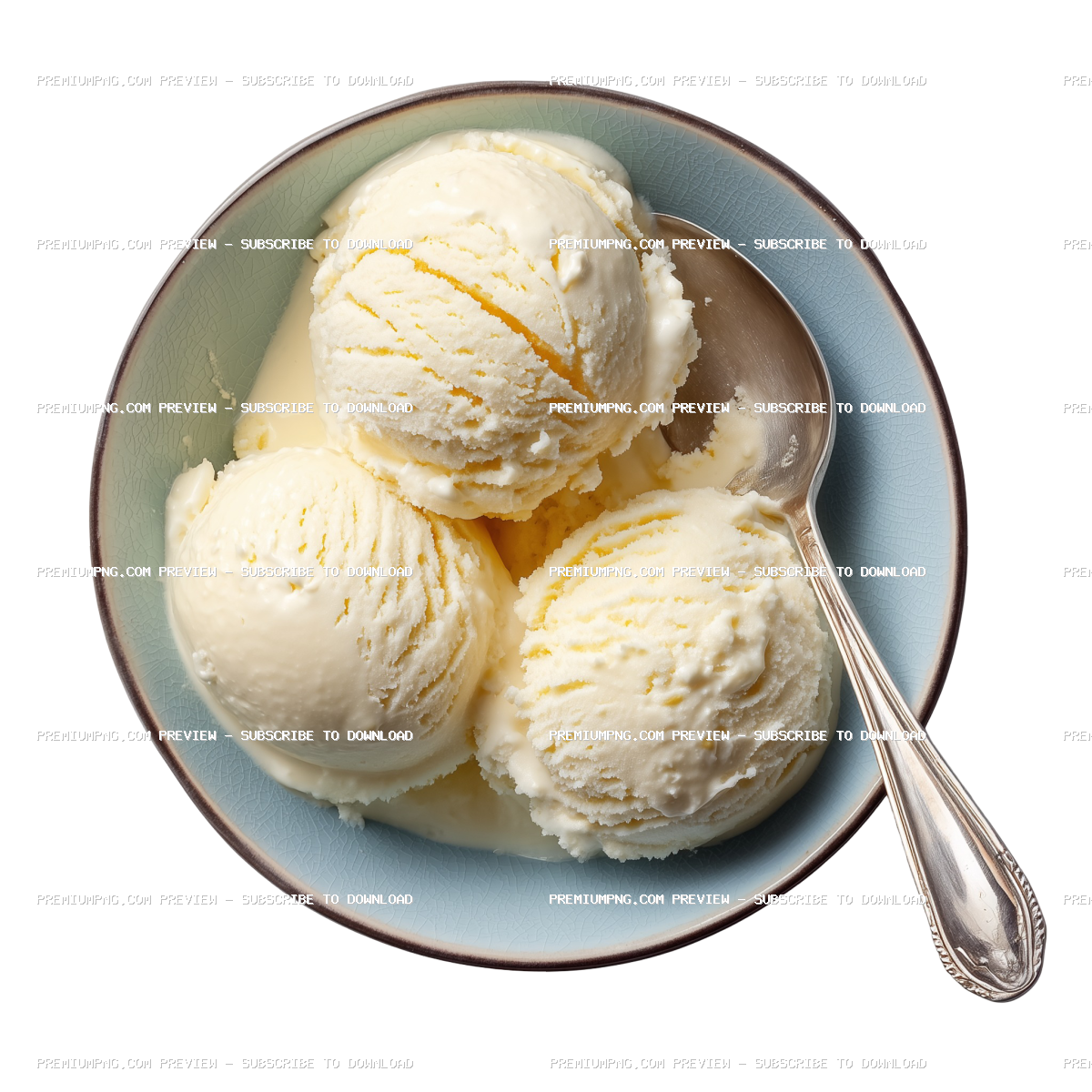 a top down photo of a bowl of french vanilla ice cream with three scoops