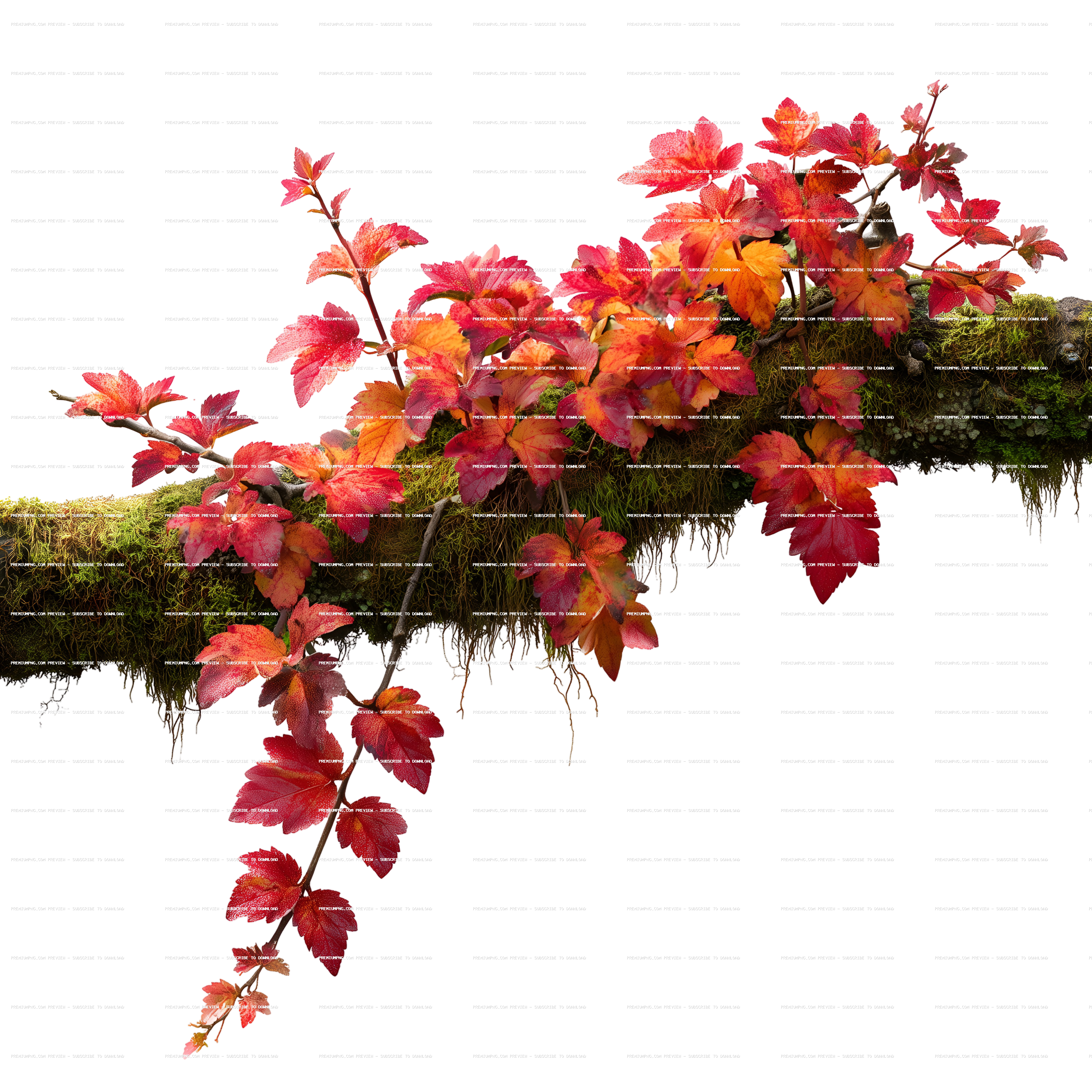 Autumn vine branch with red leaves illustration isolated on moss covered tree branch