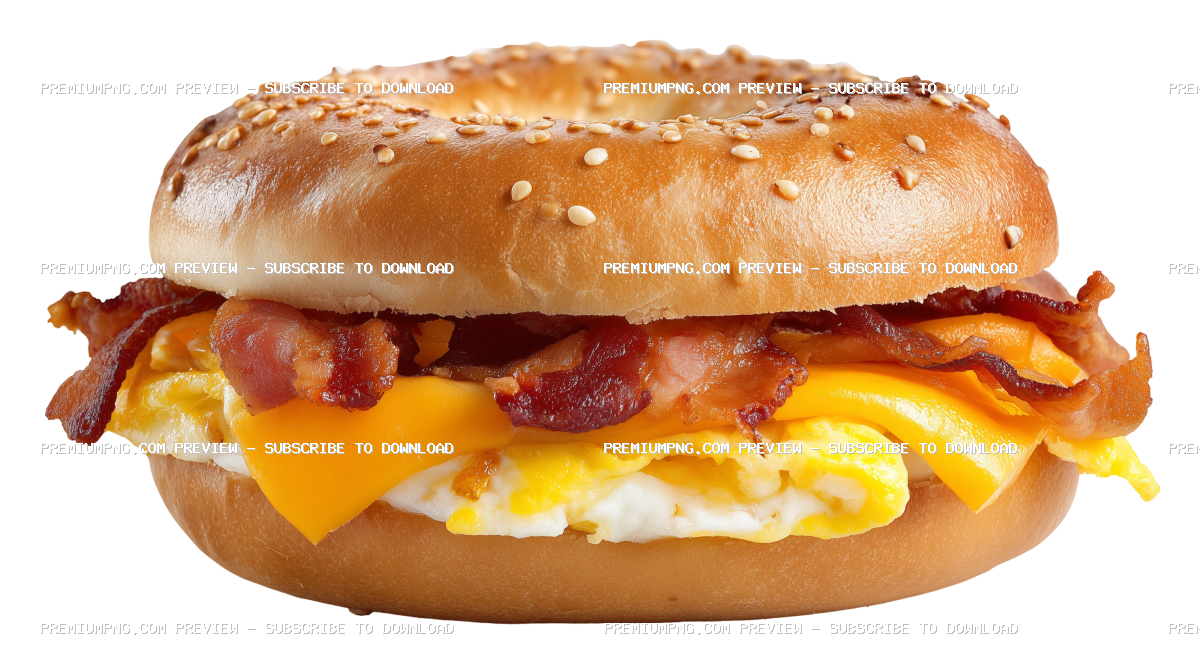 A bagel breakfast sandwich with cheese and bacon isolated