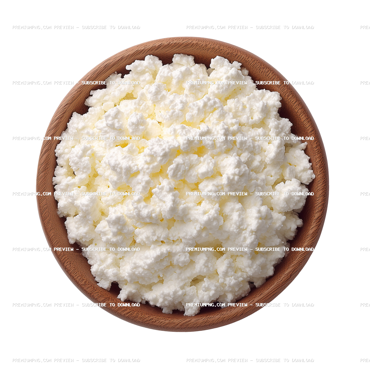 A high-quality top view photograph capturing cottage-cheese being served in a wooden bowl against a 