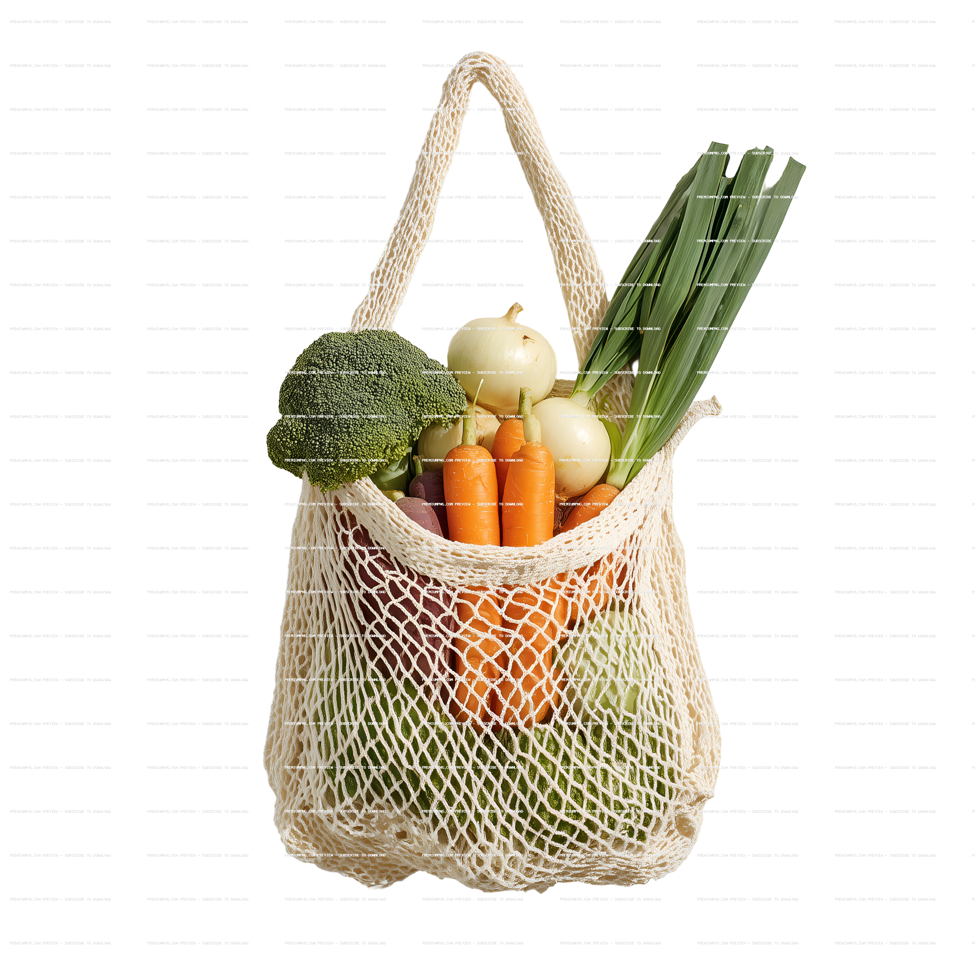 cotton mesh bag filled with fresh vegetables in white background