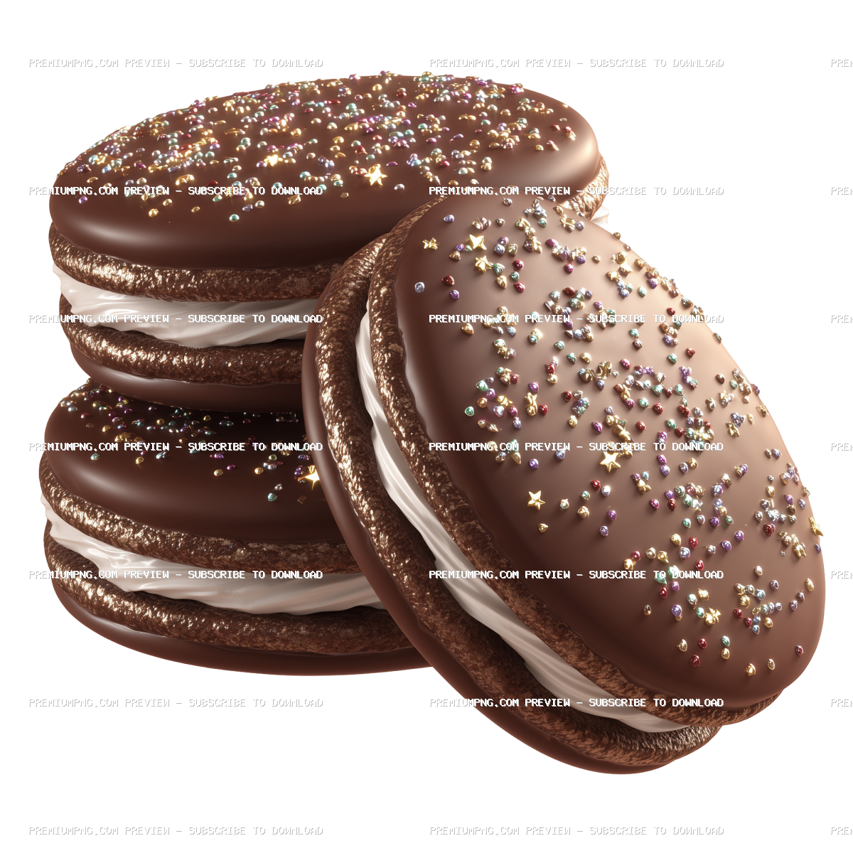 3D chocolate sandwich cookies with sprinkles isolated