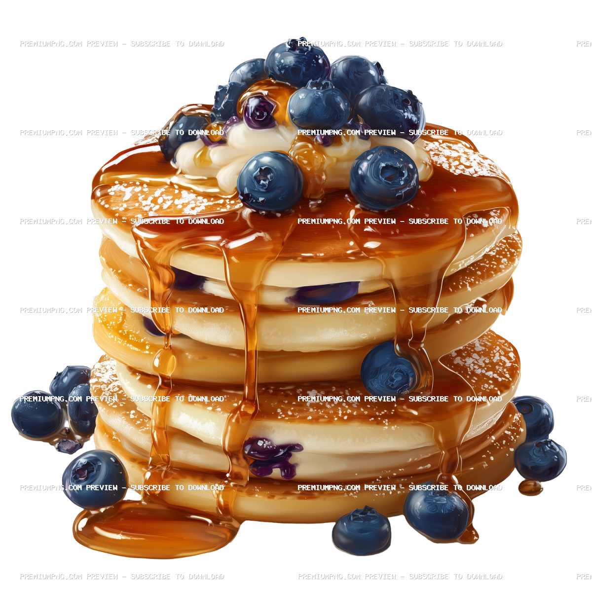 3D pancakes with blueberries and syrup isolated on transparent PNG background