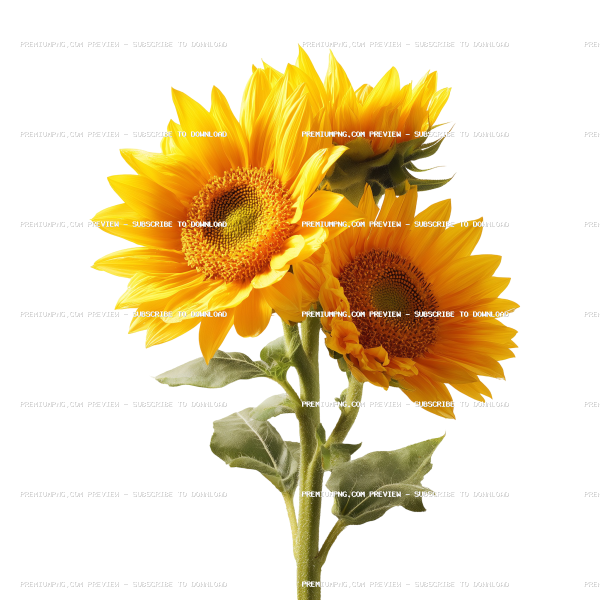 Bright yellow sunflowers in full bloom, cut out isolated