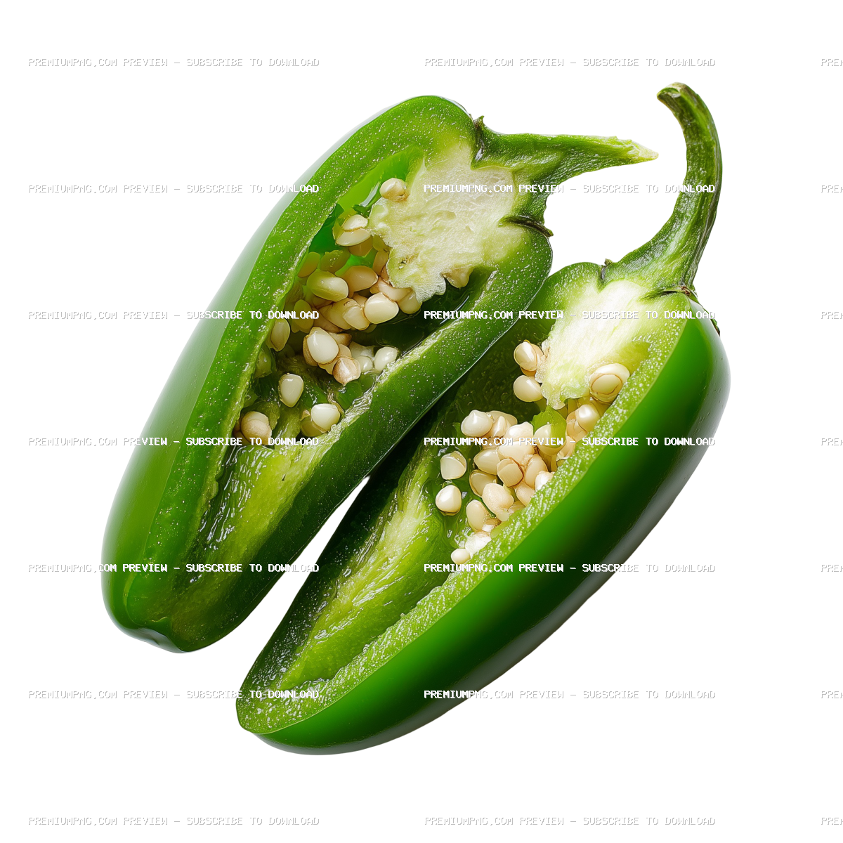 Close up of a vibrant green jalapeno pepper cut open to reveal seeds inside