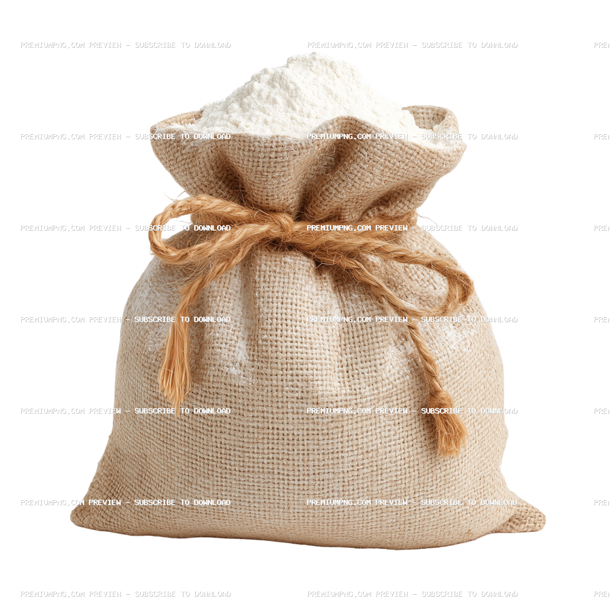White Flour in Burlap Sack Tied with Twine Isolated on Transparent Background