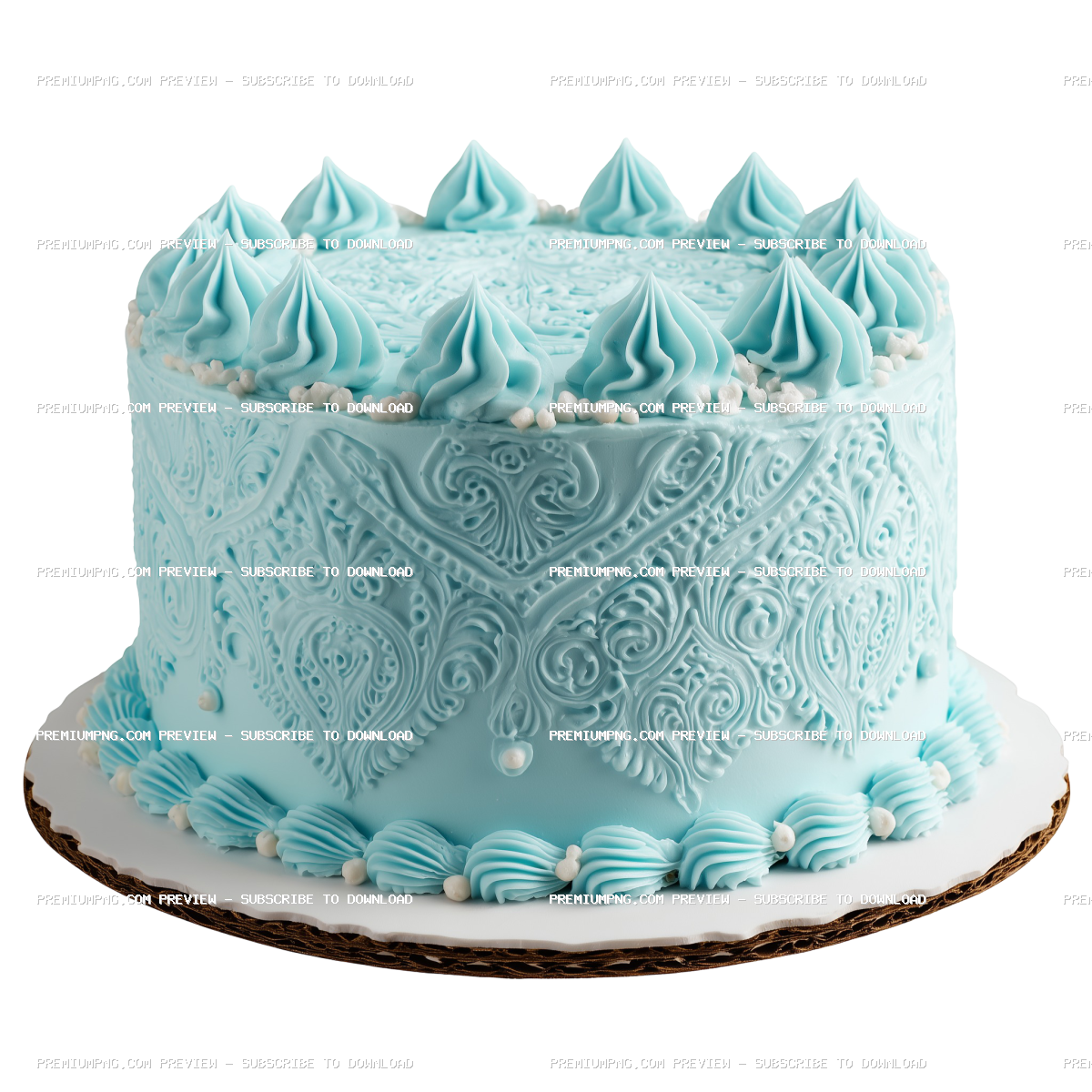 Light Blue Frosted Birthday Cake with Intricate Piping PNG - Transparent Background
