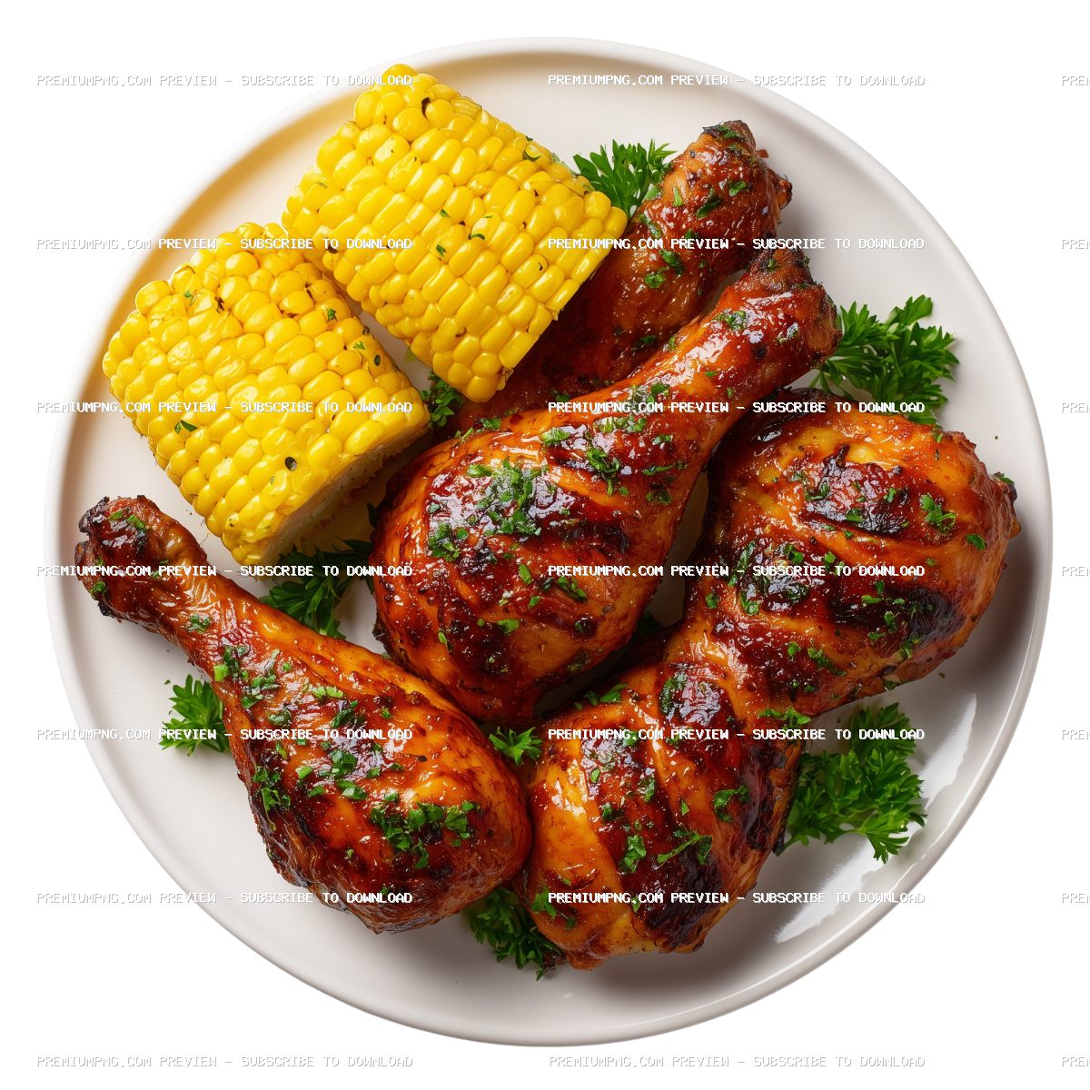 Top View BBQ Chicken Drumsticks & Sweet Corn on White Plate (PNG Isolated)