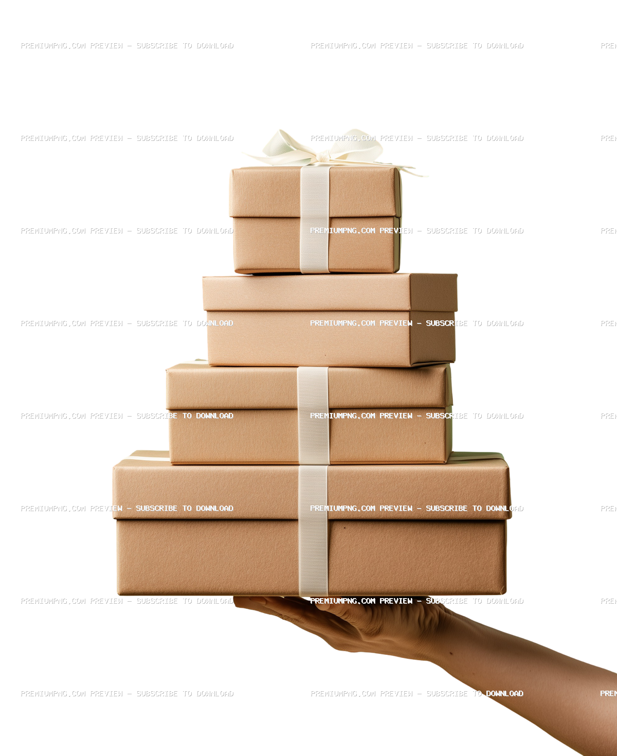 Hand Holding Large Brown Gift Box with White Ribbon PNG | Stacked Present Boxes Transparent Backgrou