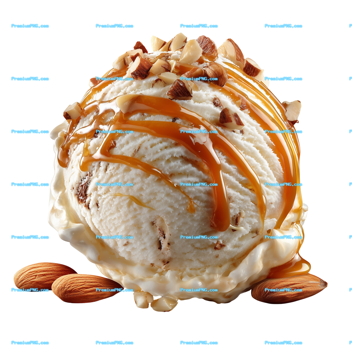 single scoop of vanilla ice cream drizzled with caramel sauce and nuts