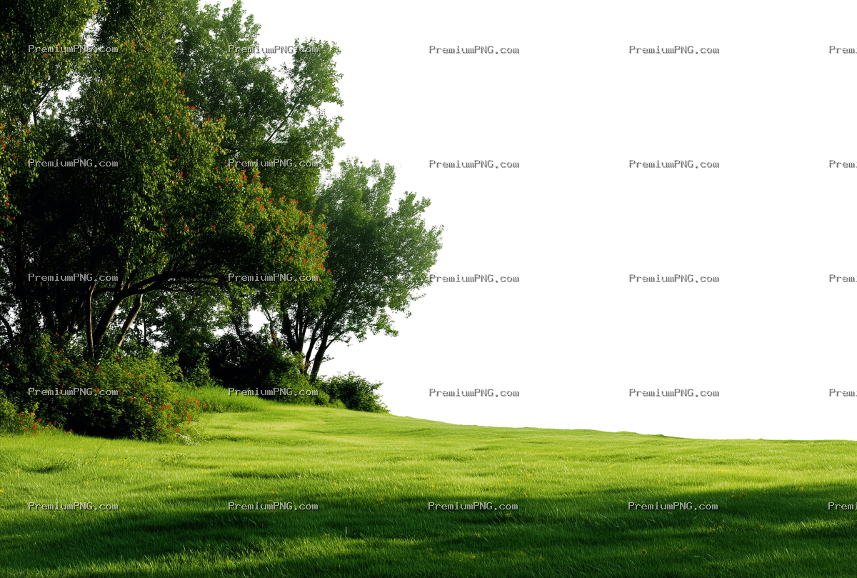 A green, grassy field with trees