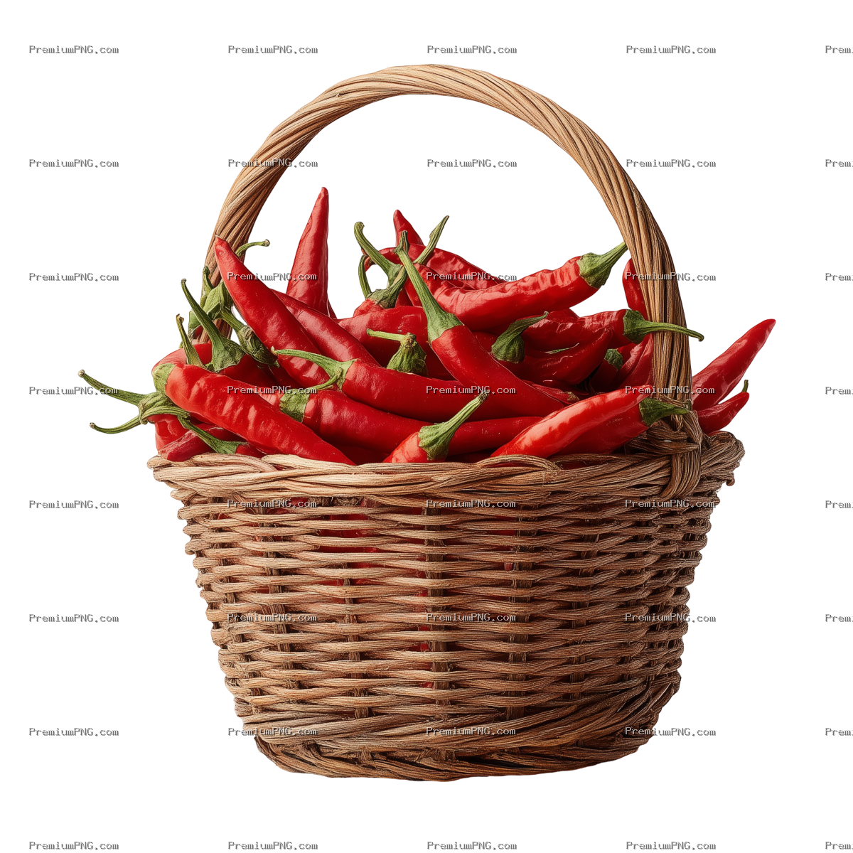Royalty-free photo of a wicker basket filled with fresh red chili peppers isolated on white. Perfect