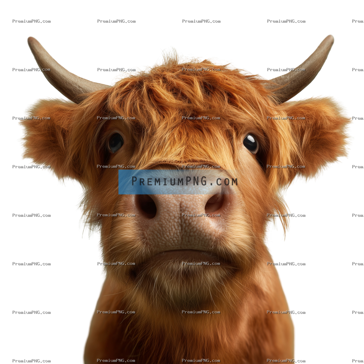 photo realistic image of a brown highland cow with no hors, with a smile on its face, isolated on a 